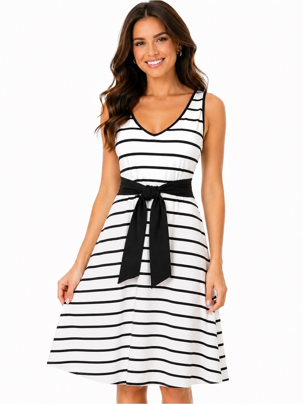 APT. 9 Black & White Stripe Midi Dress | Cinch-Waist Fit & Flare Spandex NWT S - Picture 3 of 10
